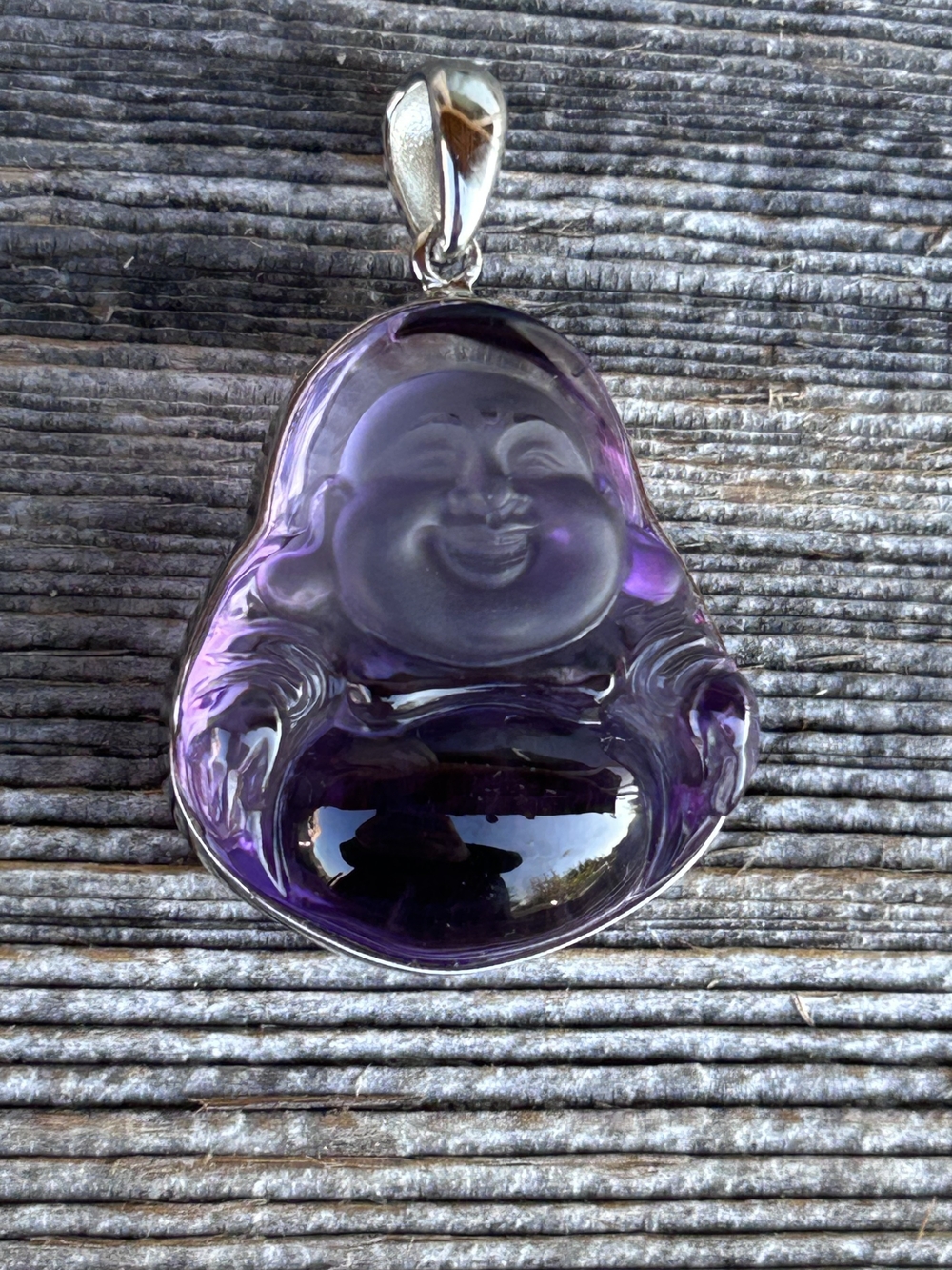 Brazilian Amethyst Laughing Buddha Pendant | High Relief Carving